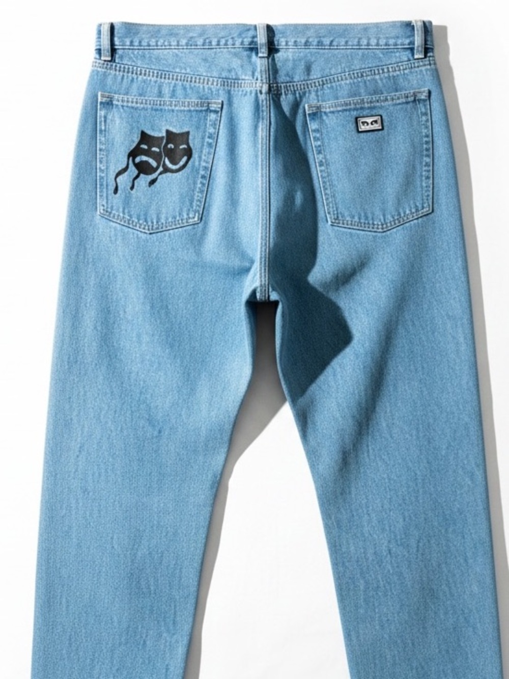 OBEY Relaxed Fit Men's Jeans Size 36x30 With Embroidered Theater Masks Med Wash